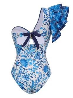 Discount Retro Stage 2PCS 1950s One-Shoulder Print Swimsuit & Cover-Up Blue