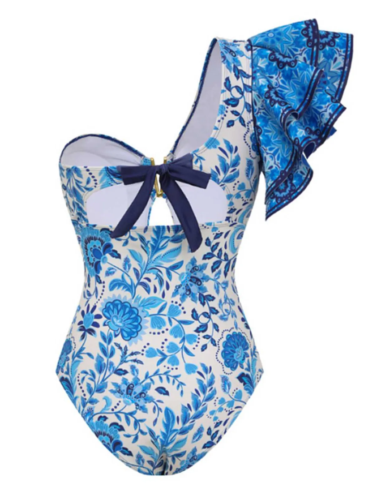 Discount Retro Stage 2PCS 1950s One-Shoulder Print Swimsuit & Cover-Up Blue
