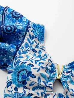 Discount Retro Stage 2PCS 1950s One-Shoulder Print Swimsuit & Cover-Up Blue