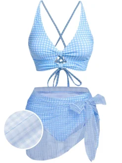 Hot Retro Stage 2PCS 1950s Plaids Swimsuit & Mesh Cover-Up Blue
