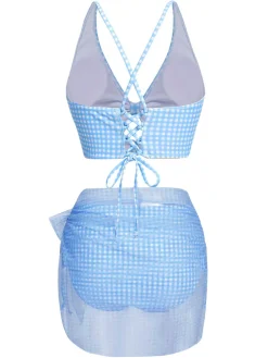 Hot Retro Stage 2PCS 1950s Plaids Swimsuit & Mesh Cover-Up Blue