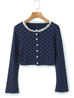 Hot Retro Stage 2PCS Blue 1950s Polka Dots Camisole & Cardigan Dark Blue