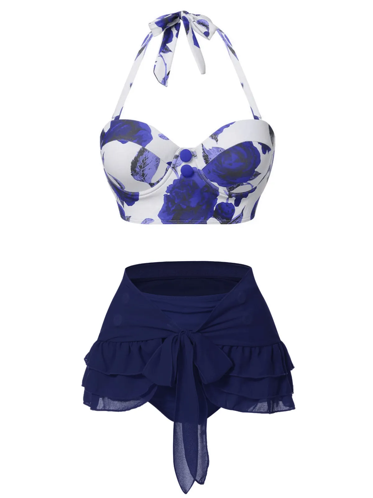 Discount Retro Stage 2PCS Blue 1960s Roses Halter Swimsuit & Skirt Cover-Up