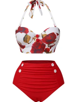 Discount Retro Stage 2PCS Blue 1960s Roses Halter Swimsuit & Skirt Cover-Up