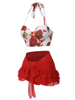 Discount Retro Stage 2PCS Blue 1960s Roses Halter Swimsuit & Skirt Cover-Up