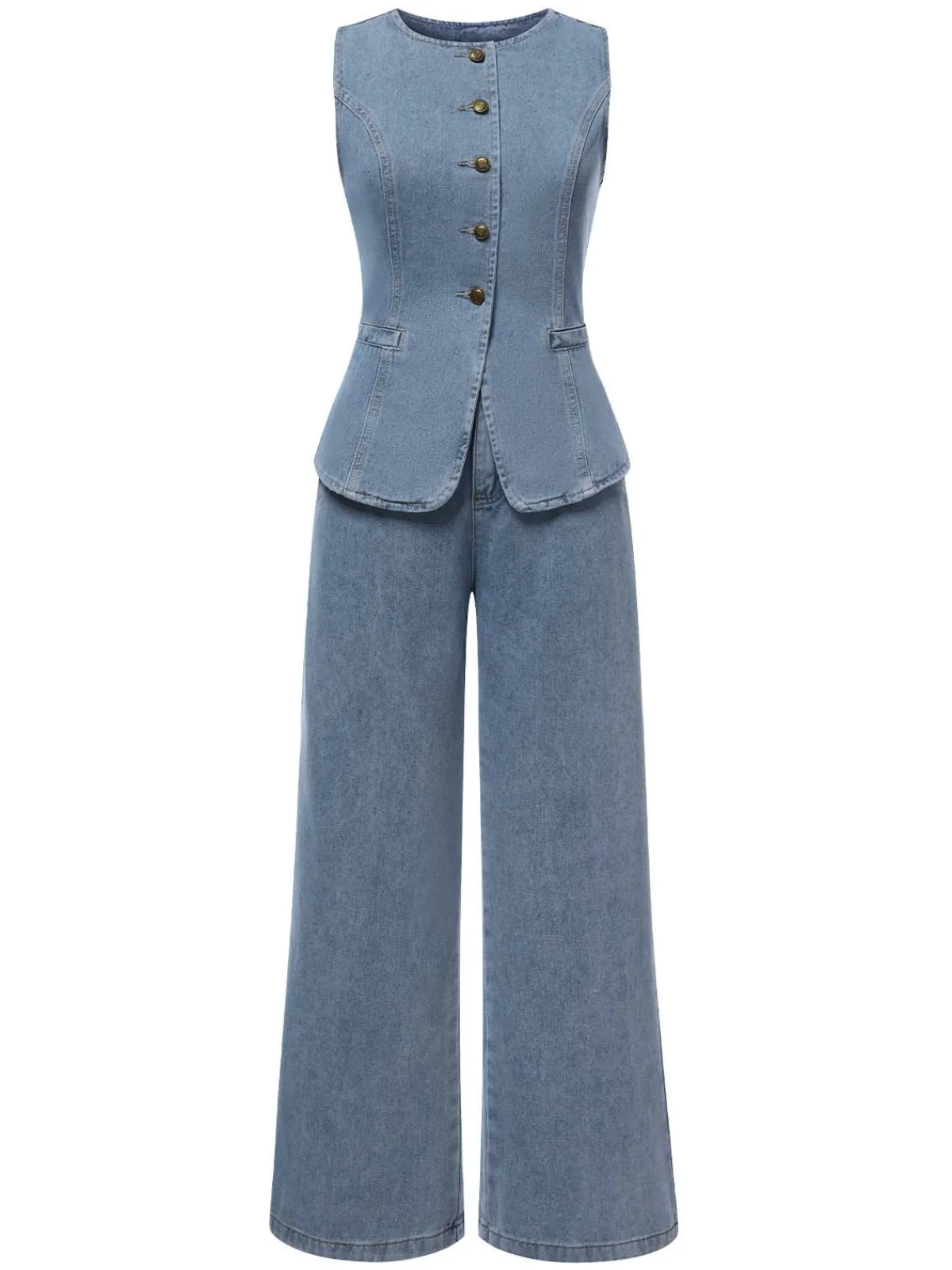 Outlet Retro Stage 2PCS 1940s Sleeveless Vest & Wide-Leg Denim Jeans Blue