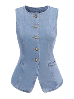 Outlet Retro Stage 2PCS 1940s Sleeveless Vest & Wide-Leg Denim Jeans Blue