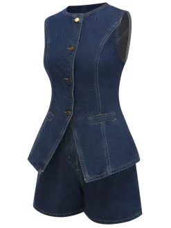 Sale Retro Stage 2PCS 1960s Solid Buttoned Denim Vest & Shorts Blue