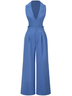 Online Retro Stage 2PCS 1940s Solid Top & Wide-leg Pants Blue