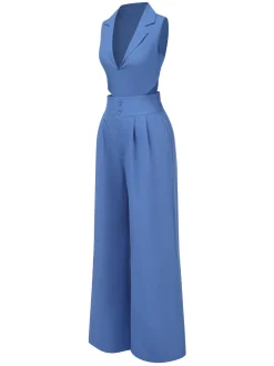 Online Retro Stage 2PCS 1940s Solid Top & Wide-leg Pants Blue