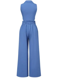 Online Retro Stage 2PCS 1940s Solid Top & Wide-leg Pants Blue
