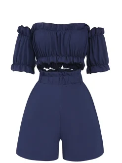 Hot Retro Stage 2PCS 1950s Strapless Smocked Top & Shorts Blue
