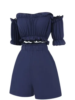 Hot Retro Stage 2PCS 1950s Strapless Smocked Top & Shorts Blue