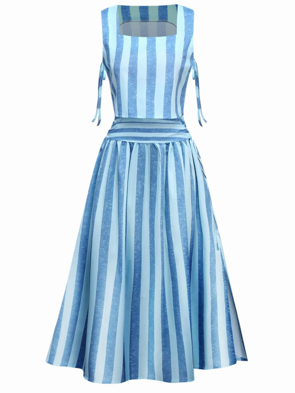 Discount Retro Stage 2PCS Blue 1950s Stripes Square Neck Top & Ruched Skirt Light Blue
