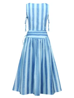 Discount Retro Stage 2PCS Blue 1950s Stripes Square Neck Top & Ruched Skirt Light Blue