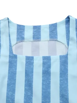 Discount Retro Stage 2PCS Blue 1950s Stripes Square Neck Top & Ruched Skirt Light Blue