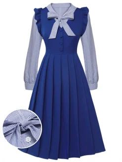 Sale Retro Stage 2Pcs 1950s Tie Neck Stripes Blouse & Ruffles Vest Dress Blue