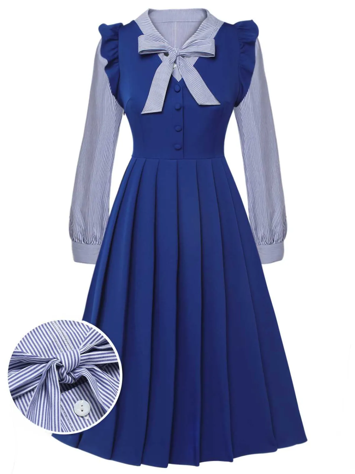 Sale Retro Stage 2Pcs 1950s Tie Neck Stripes Blouse & Ruffles Vest Dress Blue