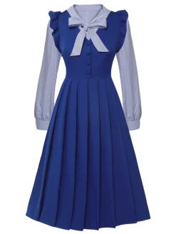 Sale Retro Stage 2Pcs 1950s Tie Neck Stripes Blouse & Ruffles Vest Dress Blue
