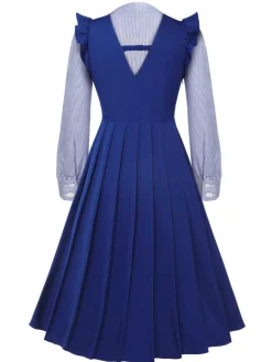 Sale Retro Stage 2Pcs 1950s Tie Neck Stripes Blouse & Ruffles Vest Dress Blue