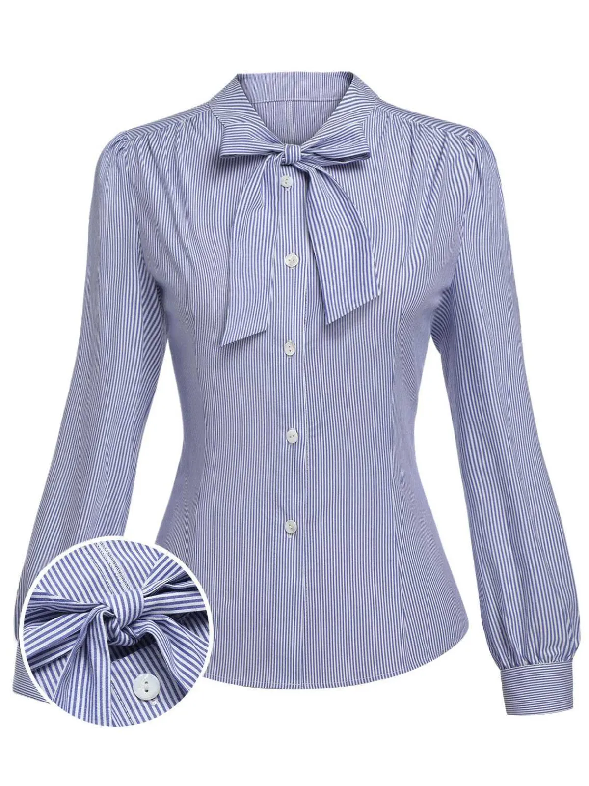 Sale Retro Stage 2Pcs 1950s Tie Neck Stripes Blouse & Ruffles Vest Dress Blue