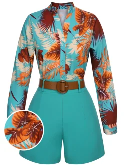 Outlet Retro Stage 2PCS 1970s Tropical Blouse & Shorts With Belt Blue