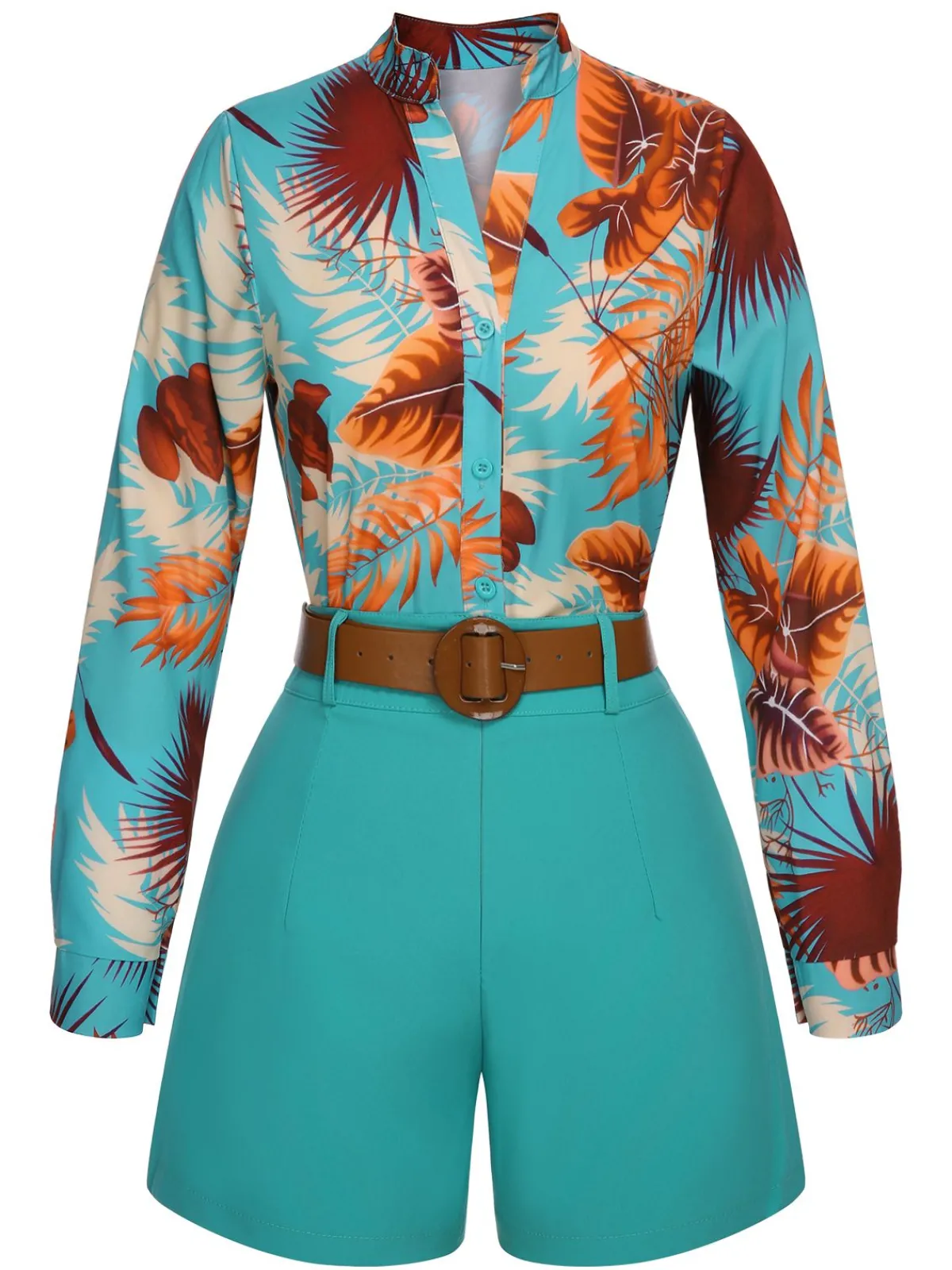 Outlet Retro Stage 2PCS 1970s Tropical Blouse & Shorts With Belt Blue