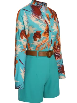 Outlet Retro Stage 2PCS 1970s Tropical Blouse & Shorts With Belt Blue