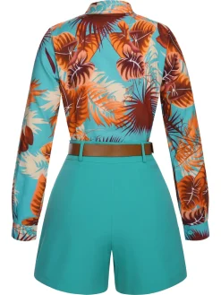 Outlet Retro Stage 2PCS 1970s Tropical Blouse & Shorts With Belt Blue