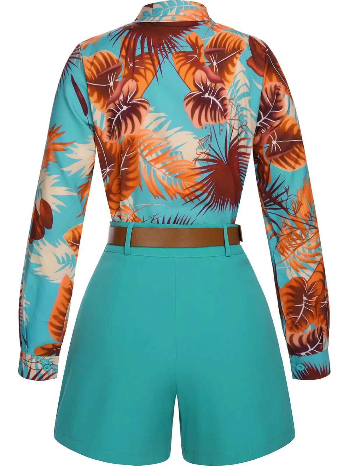 Outlet Retro Stage 2PCS 1970s Tropical Blouse & Shorts With Belt Blue