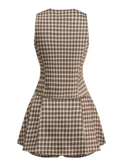 Hot Retro Stage 2PCS 1960s Gingham Plaid Pleated Vest & Skirt Brown