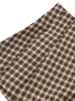 Hot Retro Stage 2PCS 1960s Gingham Plaid Pleated Vest & Skirt Brown