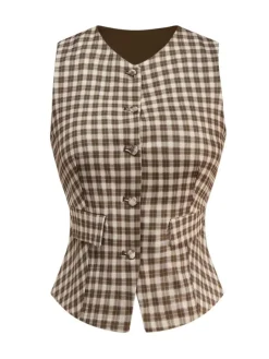 Hot Retro Stage 2PCS 1960s Gingham Plaid Pleated Vest & Skirt Brown