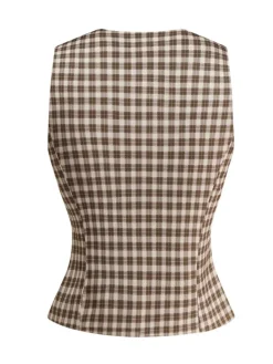 Hot Retro Stage 2PCS 1960s Gingham Plaid Pleated Vest & Skirt Brown