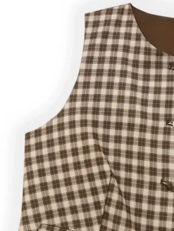 Hot Retro Stage 2PCS 1960s Gingham Plaid Pleated Vest & Skirt Brown