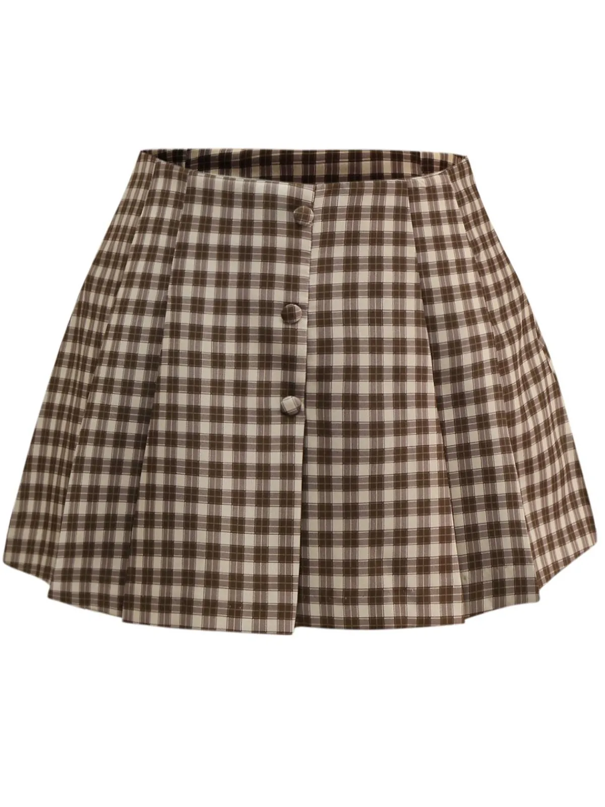 Hot Retro Stage 2PCS 1960s Gingham Plaid Pleated Vest & Skirt Brown
