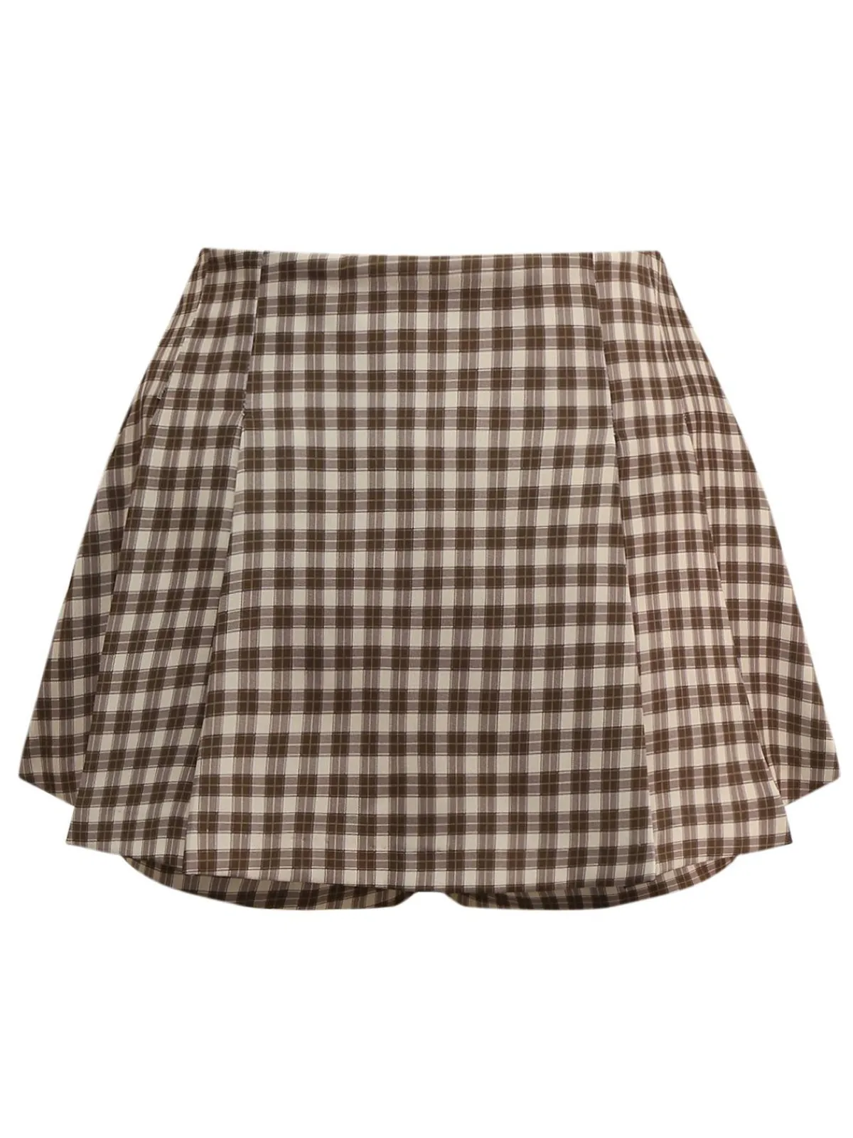 Hot Retro Stage 2PCS 1960s Gingham Plaid Pleated Vest & Skirt Brown