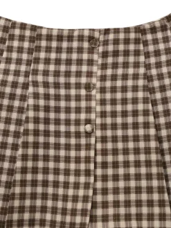 Hot Retro Stage 2PCS 1960s Gingham Plaid Pleated Vest & Skirt Brown