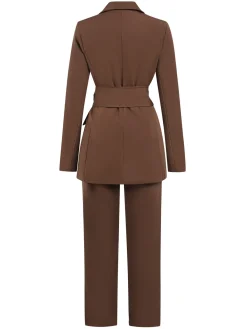Outlet Retro Stage 2PCS 1960s Lace-up Blazer Coat & Pants Suit Set Brown