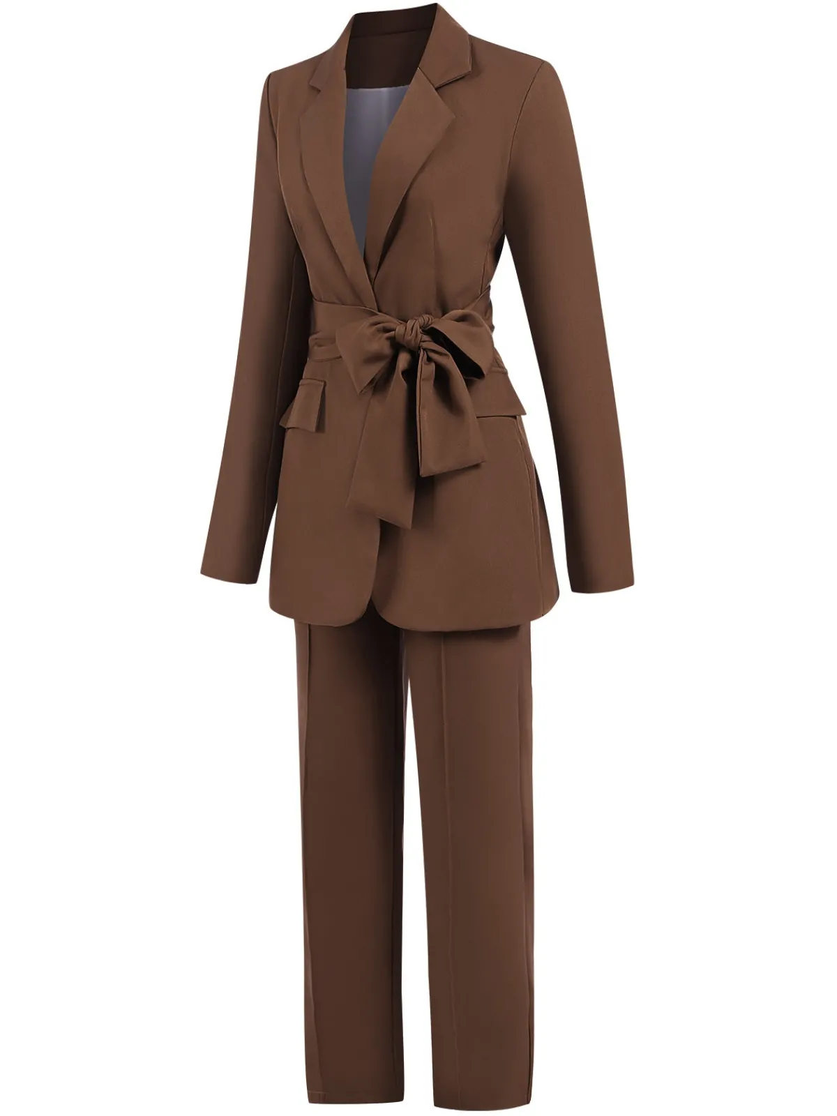 Outlet Retro Stage 2PCS 1960s Lace-up Blazer Coat & Pants Suit Set Brown
