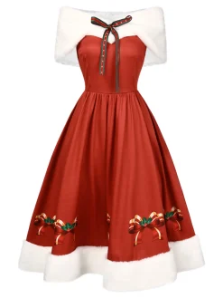 Discount Retro Stage 2PCS Christmas 1950s Strapless Bow Fur Dress & Shawl White & Red