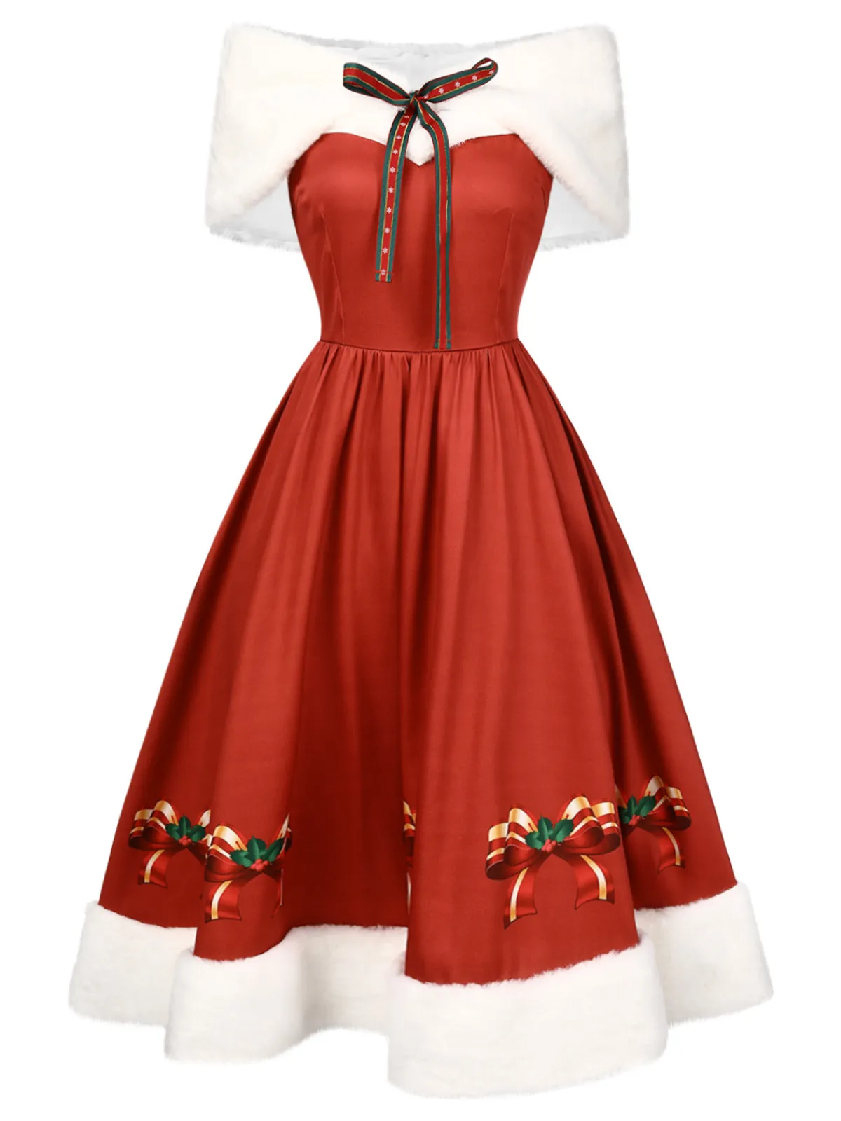 Discount Retro Stage 2PCS Christmas 1950s Strapless Bow Fur Dress & Shawl White & Red