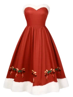 Discount Retro Stage 2PCS Christmas 1950s Strapless Bow Fur Dress & Shawl White & Red
