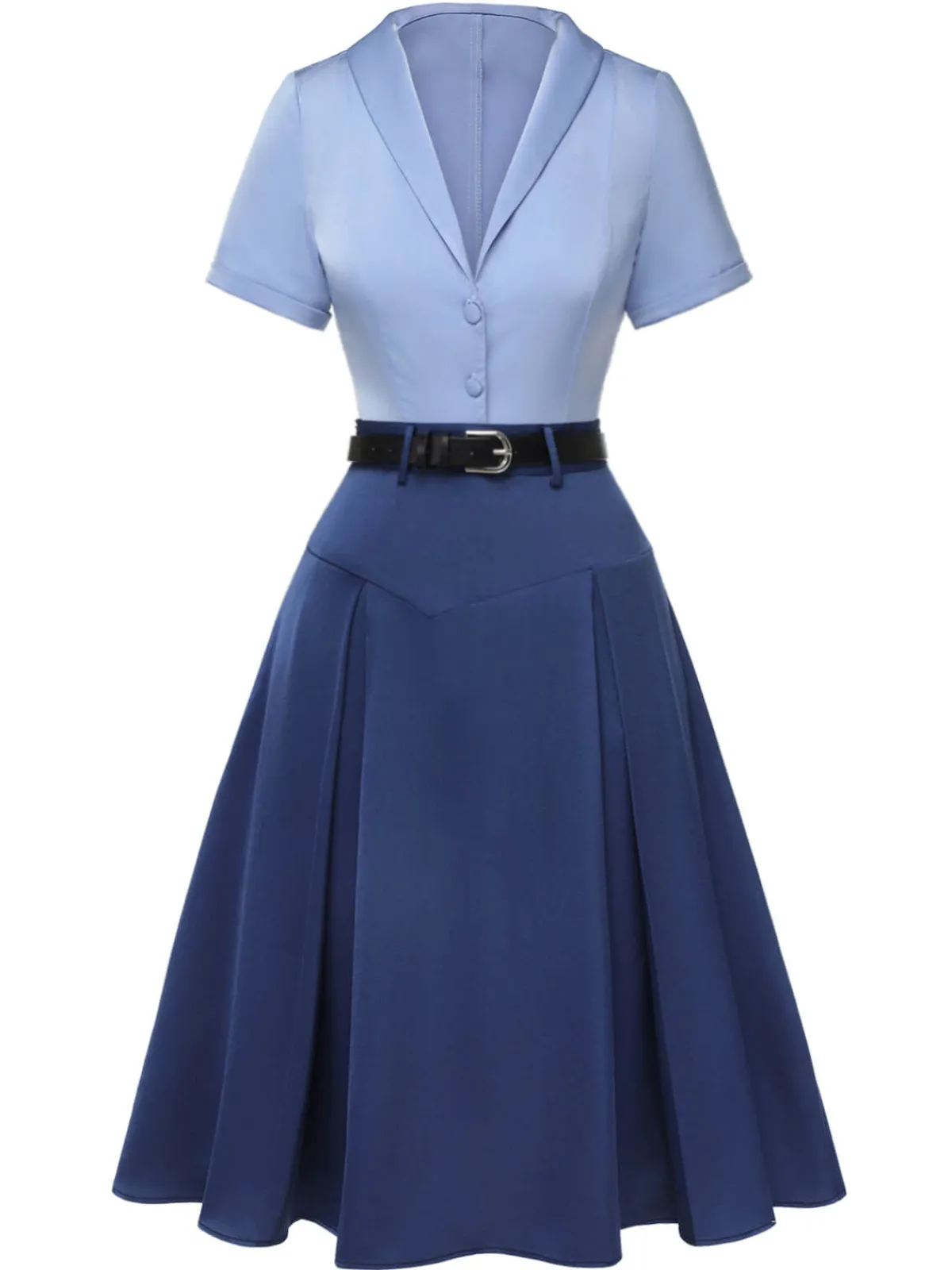 Best Retro Stage 2PCS 1950s Solid Lapel Blouse & Pleated Skirt Dark Blue