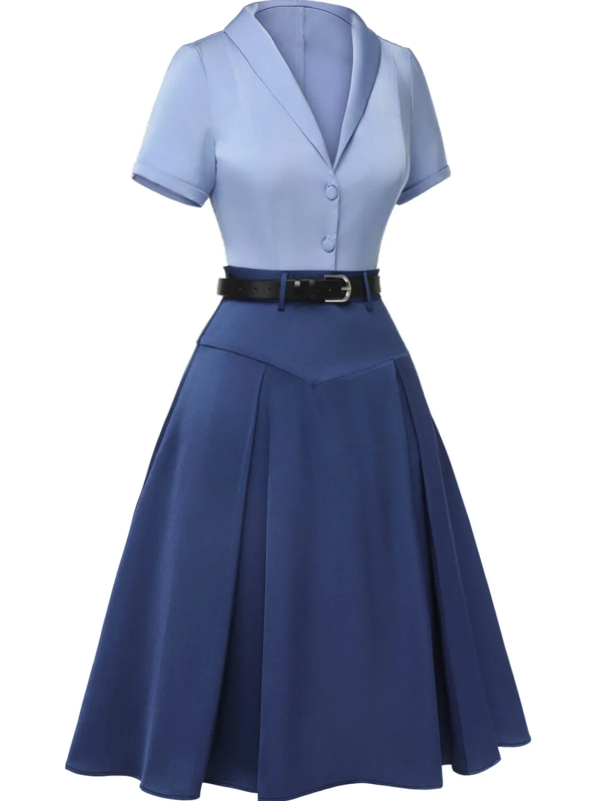 Best Retro Stage 2PCS 1950s Solid Lapel Blouse & Pleated Skirt Dark Blue
