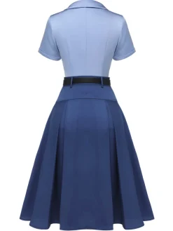 Best Retro Stage 2PCS 1950s Solid Lapel Blouse & Pleated Skirt Dark Blue
