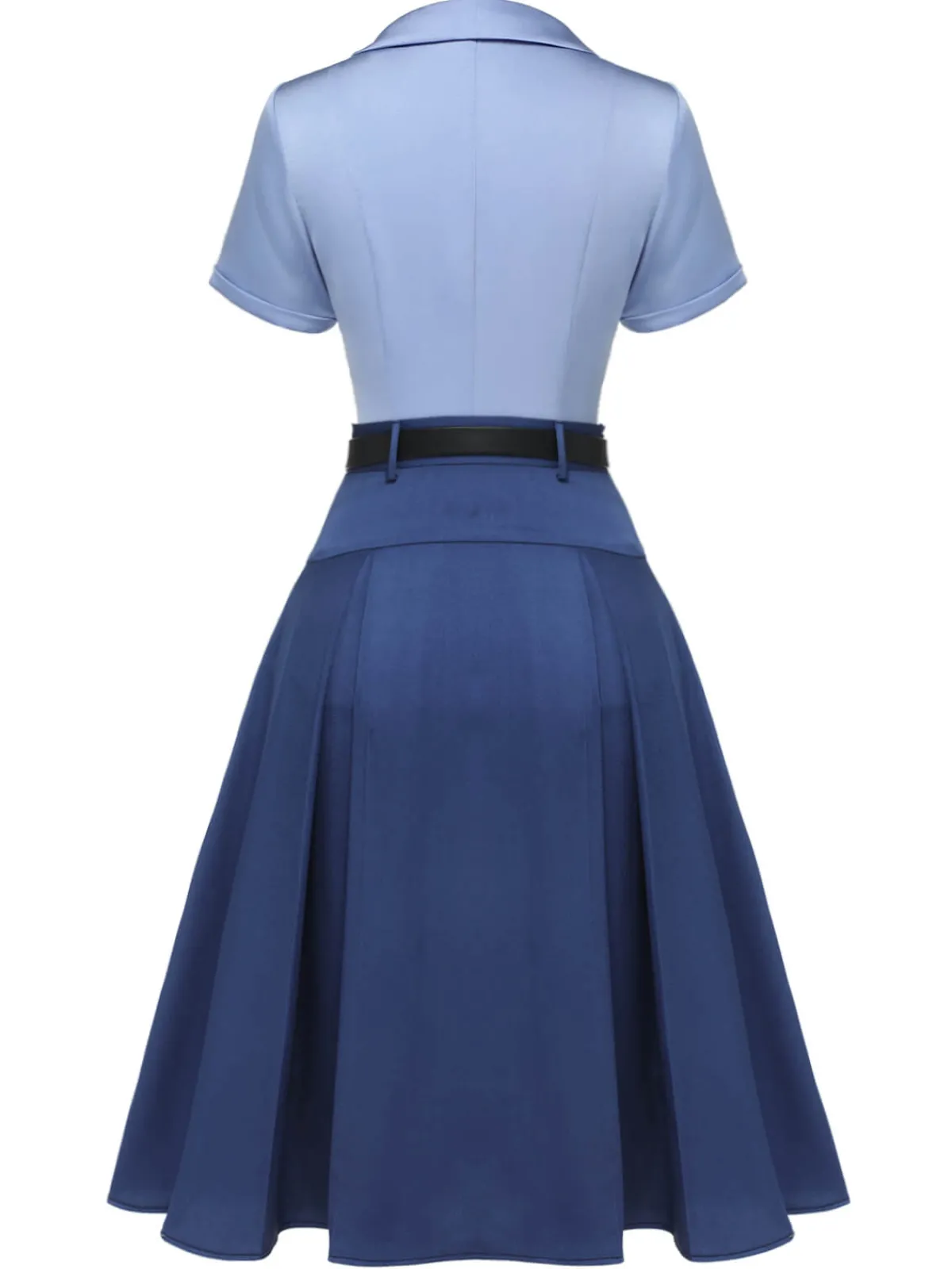Best Retro Stage 2PCS 1950s Solid Lapel Blouse & Pleated Skirt Dark Blue