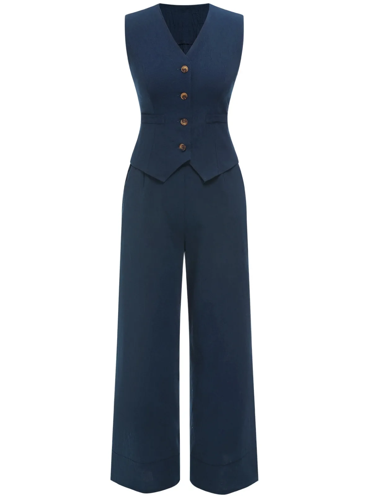Fashion Retro Stage 2PCS 1960s Solid Sleeveless Blazer Suit Dark Blue