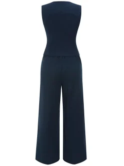 Fashion Retro Stage 2PCS 1960s Solid Sleeveless Blazer Suit Dark Blue
