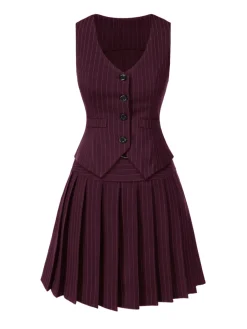 Best Retro Stage 2PCS Dark Gray 1960s Pinstripes Top & Pleated Skirt